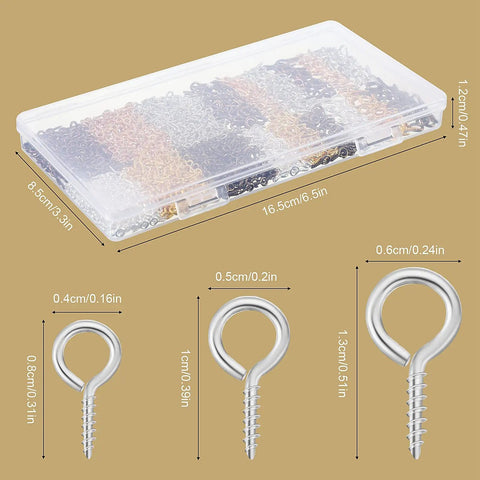 1200 Pcs Small Screw Eye Pins For Pro DIY Jewelry Making Kit with multicolor mini eye screws in 3 sizes displayed in box