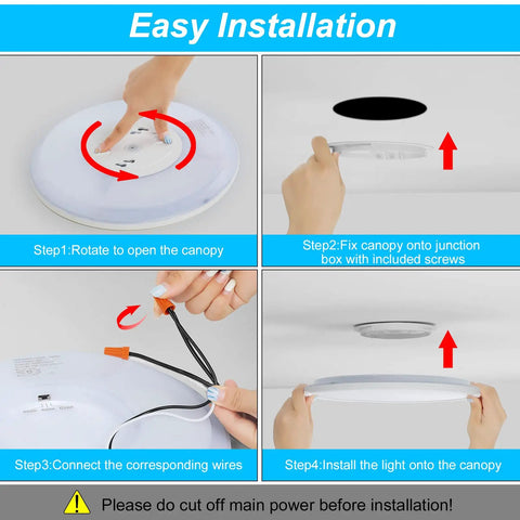 Easy installation steps for Two Pack 12 Inch LED Flush Mount Ceiling Light With Night Light, 24W 3200LM Dimmable Round Flat Panel