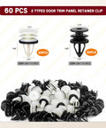 Sixty Pack Heavy Duty Door Panel Clips for Chevy and GMC, 2 types, 60 total, including 30 white and 30 black retainers for trim repair.