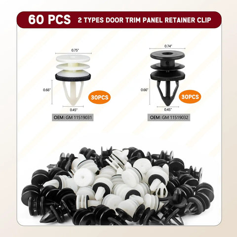Sixty Pack Heavy Duty Door Panel Clips for Chevy and GMC, 2 types, 60 total, including 30 white and 30 black retainers for trim repair.