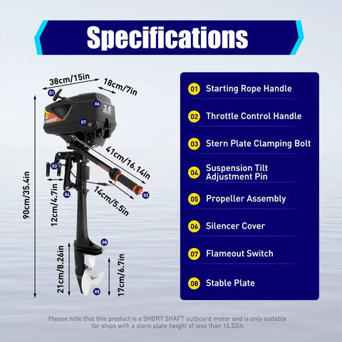 Beast 3.6HP 2 Stroke Outboard Motor with Water and Air Cooling for Inflatable Boats, diagram with part specifications
