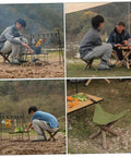 Nylon Outdoor Tripod Stool Portable Camping Chair Kit with Triangle Seat and Rope used at a campsite with people cooking.
