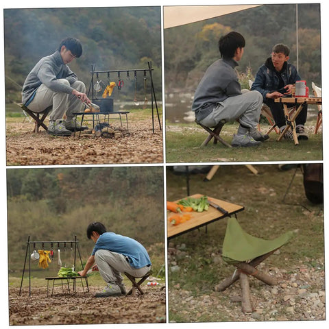 Nylon Outdoor Tripod Stool Portable Camping Chair Kit with Triangle Seat and Rope used at a campsite with people cooking.