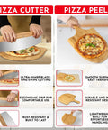 Person using a pizza cutter and pizza peel set with ultra-sharp blade and smooth wood surface for easy handling and transfer of pizzas.