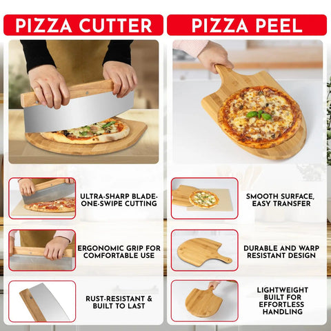 Person using a pizza cutter and pizza peel set with ultra-sharp blade and smooth wood surface for easy handling and transfer of pizzas.