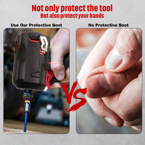 Side-by-side comparison showing Protective Boot For M12 FUEL Stubby Impact Driver And Three Eighths Inch And One Half Inch Stubby Wrenches Built Tough Easy On Off Fit For 2554 2555 And 2555P on tool versus without boot, protecting the user's hand from injuries.