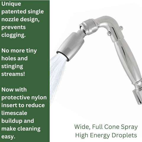 Lead-Free Metal Handheld Shower Head With No-Nonsense High-Pressure 2.0 GPM Spray, showing unique nozzle design and water flow.