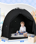 Zero Hassle Snap Together Blackout Tent For Pack And Play Is A Total Game Changer; child playing inside tent, dimensions 53x37x55 inches.