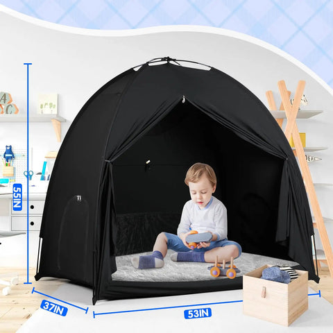 Zero Hassle Snap Together Blackout Tent For Pack And Play Is A Total Game Changer; child playing inside tent, dimensions 53x37x55 inches.