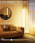 61 Inch RGB Color Changing Floor Lamp with Remote Music Sync in warm lighting next to sofa in living room corner