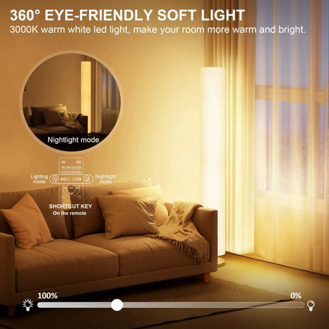 61 Inch RGB Color Changing Floor Lamp with Remote Music Sync in warm lighting next to sofa in living room corner