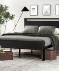 Heavy Duty Full Size Bed Frame With Wooden Headboard And Footboard In Black Oak, Built Like A Tank Steel Support, Dead Silent Slats, 800 Pound Rating For Serious Bedroom Setups, featuring a stylish design with gray striped bedding.