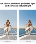 Comparison of boat view without filter and with ND CPL Filter Kit for DJI Osmo Nano Vlog Ready Camera showcasing enhanced natural light.