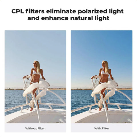 Comparison of boat view without filter and with ND CPL Filter Kit for DJI Osmo Nano Vlog Ready Camera showcasing enhanced natural light.
