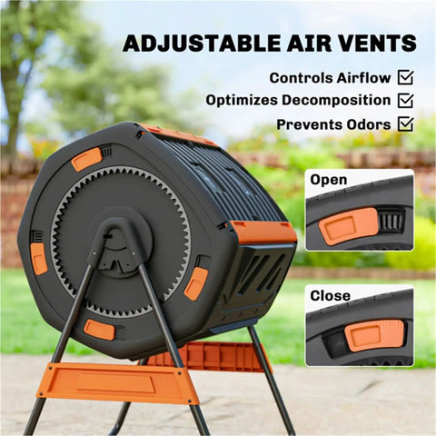 53 Gallon Dual Chamber Compost Tumbler with geared rotation, adjustable vents, elevated base, and lockable handle for garden composting