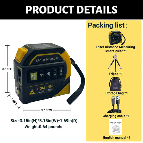 4 In 1 Laser Tape Measure With Level And 197 Ft Laser Distance Meter, 16 Ft Auto Lock Tape, Crosshair Alignment, Electronic Angle Measurement For DIY Projects, Home Renovation And Carpentry, 3.15 x 3.15 x 1.69 in
