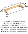Super Sleek Contemporary Cabinet Drawer Pull With Champagne Bronze Finish And Killer Modern Hardware Design For Your Top Notch Kitchen Upgrade Featuring Effortless Glide Mechanism And 5 1/16 Inch Center To Center Mounting Spacing, showing dimensions and specifications.
