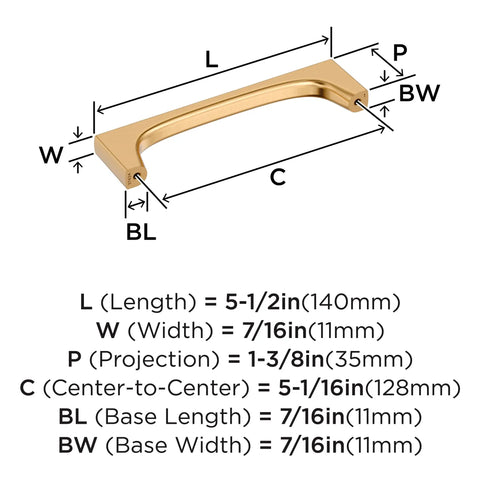 Super Sleek Contemporary Cabinet Drawer Pull With Champagne Bronze Finish And Killer Modern Hardware Design For Your Top Notch Kitchen Upgrade Featuring Effortless Glide Mechanism And 5 1/16 Inch Center To Center Mounting Spacing, showing dimensions and specifications.