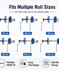 Pro Level Commercial Wall Mounted Foam Wrap Roll Dispenser For Heavy Shipping Packing And Moving With Ridiculously Strong Galvanized Steel Film Rack showing various roll sizes.