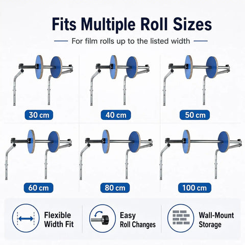 Pro Level Commercial Wall Mounted Foam Wrap Roll Dispenser For Heavy Shipping Packing And Moving With Ridiculously Strong Galvanized Steel Film Rack showing various roll sizes.