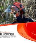 Person adjusting Forestry Safety Helmet With Adjustable Earmuffs And Visor, Orange Hard Hat Hearing Protection System