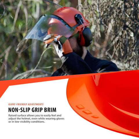 Person adjusting Forestry Safety Helmet With Adjustable Earmuffs And Visor, Orange Hard Hat Hearing Protection System