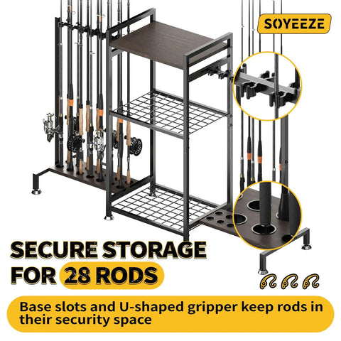 28 Rod Ground Stand Fishing Rod Holder Rack for Garage, 3 Sided Vertical Display with rods securely stored in base slots, side view