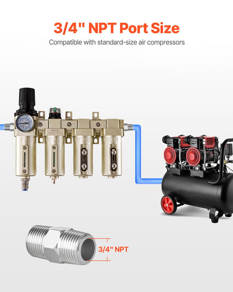 All-In-One Air Compressor Filter Regulator With Four-Stage Filtration And Desiccant Dryer, Three-Quarters-Inch NPT shown with compressor