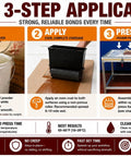Easy 3-step application guide for Kickass Heavy Duty Urea Resin Wood Glue Five Pound Tub, showing mixing, applying, and pressing.