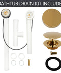 Top Shelf Smooth Operation Heavy Duty Cable Drive Bathtub Drain Trim Kit With 27 Inch Pull Chain Rotary Overflow Knob And Pop Up Stopper Plus Polished Brass Poly Tubular Pipe And Hardware Set includes brass pop up stopper and fittings.