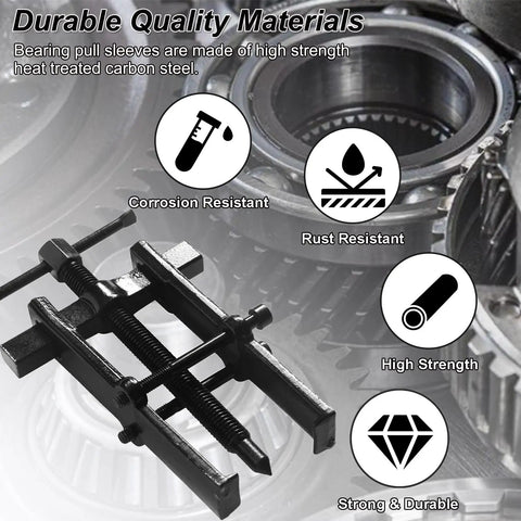Five Piece Adjustable Two Jaw Bearing Puller Set With 2 Inch 3 Inch 4 Inch 6 Inch And 8 Inch Jaws Carbon Steel Wheel Bearing Gear Removal Kit shown with corrosion-resistant icons