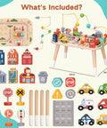 Sturdy Wooden Montessori Activity Table For Toddlers Ages 1 To 3, 9 In 1 Busy Toy with various traffic themed blocks and accessories.