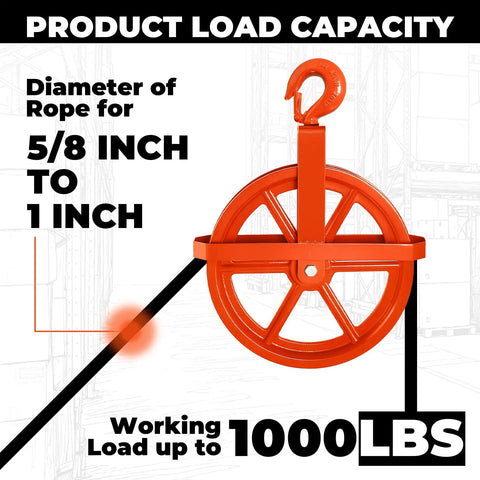 12 Inch Scaffold Hoist Pulley Wheel With Ladder Hooks, Heavy Duty Iron Wheel, 1000 Lb Capacity, Durable Construction For Safe Lifts, Rope Compatibility Five Eighths Inch, Great For Eight Millimeter Or Five Sixteenth Inch Rope, orange pulley