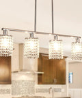Dope Four Light Crystal Island Pendant For Kitchen And Dining Room Chrome Frame With K9 Crystals hanging over kitchen.