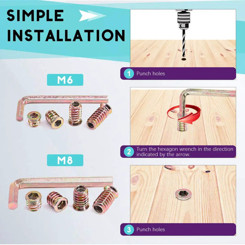 122 Piece Wood Insert Nut Kit Zinc Plated Carbon Steel Hex Socket Threaded Wood Inserts For Furniture And Soft Wood Projects Includes 1/4 Inch And 5/16 Inch Assortment Fasteners with installation steps and hex wrenches displayed on wood surface.