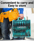 Person holding 55 Piece Magnetic Impact Nut Driver Set With SAE And Metric Bits Socket Adapters Wing Nut Driver Universal Sockets.