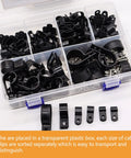 No Sweat 306 Piece Cable Clips And Wire Mount Assortment Kit featuring black nylon R Type clamps in a transparent organizer.