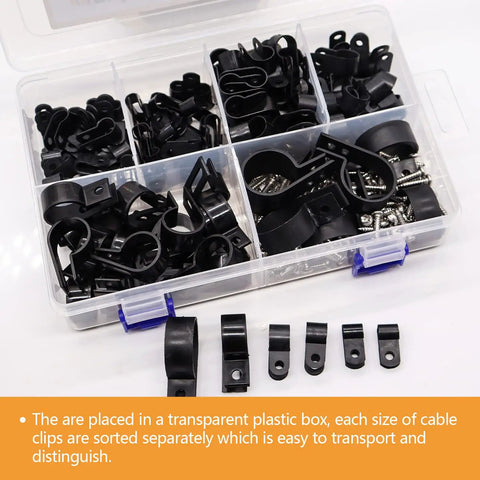 No Sweat 306 Piece Cable Clips And Wire Mount Assortment Kit featuring black nylon R Type clamps in a transparent organizer.