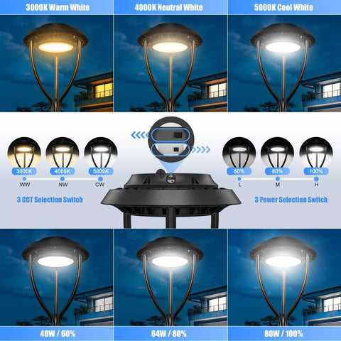 80W LED Post Top Light With Photocell, Adjustable CCT 3000K 4000K 5000K, 120 Degree Beam, 8400LM Outdoor Pole Light, IP65 Waterproof