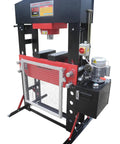 Heavy Duty 100 Ton Electric Hydraulic Shop Press Featuring A Quick Slide Carriage Winch And Easy Height Adjustments with power hydraulic ram.