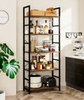 5 Tier Bookshelf Tall Bookcase Storage Organizer For Bedroom Living Room And Home Office Modern Durable Wood Shelving With Waterproof Panels Anti Scratch Finish Dope For Books Decor And Plants in kitchen setting with plants and kitchen items