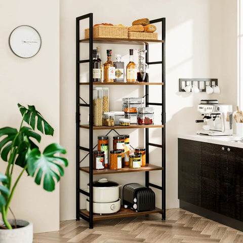 5 Tier Bookshelf Tall Bookcase Storage Organizer For Bedroom Living Room And Home Office Modern Durable Wood Shelving With Waterproof Panels Anti Scratch Finish Dope For Books Decor And Plants in kitchen setting with plants and kitchen items