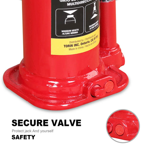 Close-up of red Torin BIG RED 2-ton bottle jack base with secure valve