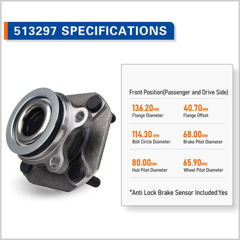 Set Of 2 Front Wheel Hub And Bearing Assemblies For Nissan Sentra 2007 To 2012 2L With ABS shown with specification details