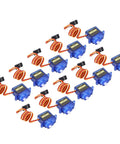 Ten Pack Micro Servo Motors Built From Abs Plastic, arranged in a grid, ideal for RC airplane models and DIY projects.