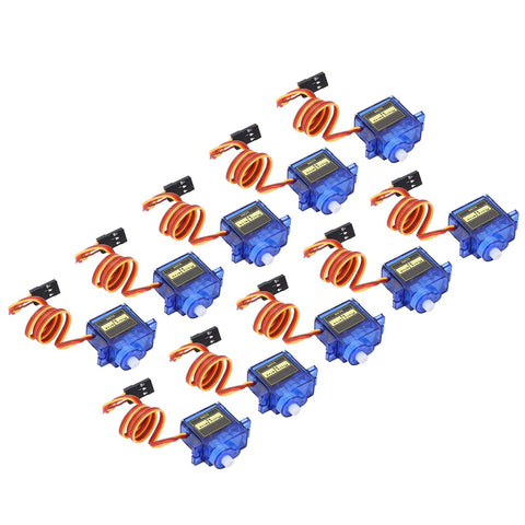 Ten Pack Micro Servo Motors Built From Abs Plastic, blue, for RC airplane models, showcasing heavy duty gears and wiring.