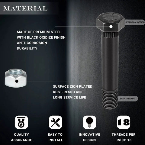 Heavy Duty Trailer Leaf Spring Shackle Bolts With Lock Nuts For Snug Fit On Two Inch Wide Slipper and Double Eye Springs close up showing hex design and deep threads.
