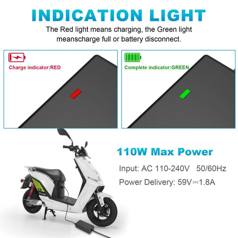 48V Lead Acid Battery Charger For Electric Bicycles And Big Toy E Bikes With 100 To 240V Input And 3 Pin Plug 110W Max 1.8A LED Indicator Red For Charging Green For Full Not For Lithium Ion