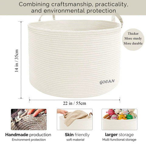 XXXL Cotton Rope Storage Basket With Handles Extra Large 22x22x14 Inches Cream Color Woven Laundry Organizer