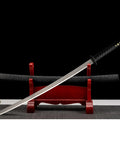 Real Carbon Steel Katana for Iaido Practice and Display, unsharpened full tang samurai sword on red wooden stand